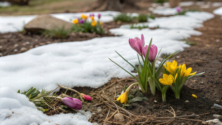 Beautiful crocus flowers pushing through melting snow in spring. Yellow and purple crocuses.の写真素材
