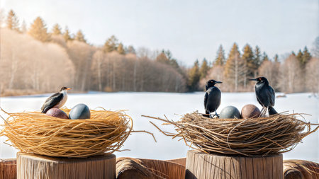 A close-up shot of a bird's nest containing multiple eggs. The nest is made of twigs and other...