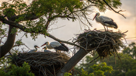 Close-up view of a bird's nest containing multiple eggs.  The nest is made of twigs and other...
