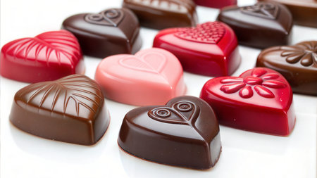A detailed image of several heart-shaped chocolates. Perfect for Valentine's Day or romantic themes.