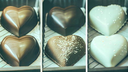 A detailed close-up shot of several heart-shaped chocolates.  Perfect for Valentine's Day or romantic themes.の写真素材