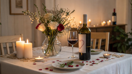 A romantic table setting with candles, wine glasses, and flowers. Perfect for a special occasion.の写真素材