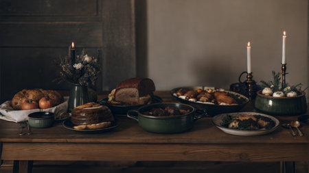 A table laden with traditional Irish dishes, including soda bread and stew, decorated for a festive occasion.の写真素材