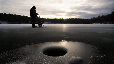 A person ice fishing on a frozen lake. The scene is peaceful and serene, with snow-covered trees in the background.の写真素材