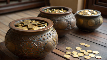 A pot filled with gold coins, a classic symbol of wealth and fortune.
