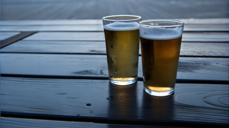 Detailed close-up shot of several pints of frothy beer, showcasing the texture and color of the beverage.の写真素材
