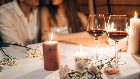 A romantic table setting with candles, wine glasses, and flowers for a special dinner.の写真素材