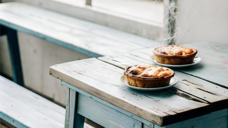 Warm homemade pies on a rustic wooden table, steam rising. Cozy and inviting atmosphere.の写真素材