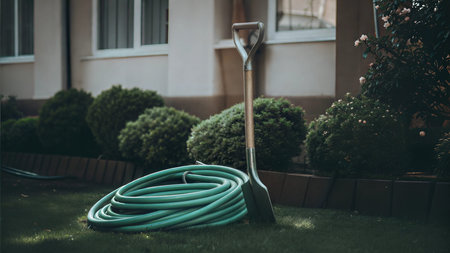A green garden hose and shovel rest on a lush lawn in front of a house.