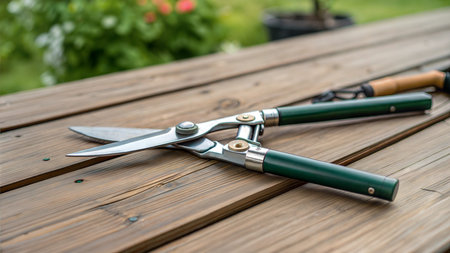 Close-up of a pair of green handled shears resting on a wooden surface outdoors.