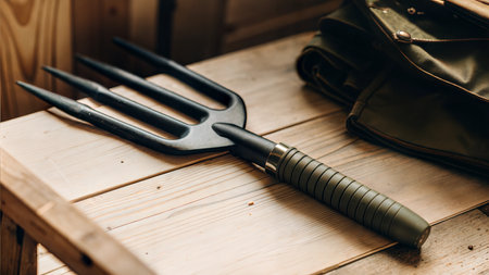 A black garden fork with a green ergonomic handle rests on a rustic wooden surface, near a folded green canvas.の写真素材