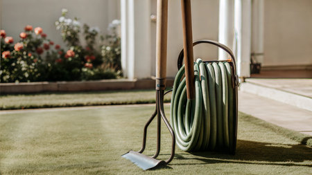 A garden hose and tools sit on a lush green lawn in front of a house. The scene is peaceful and...