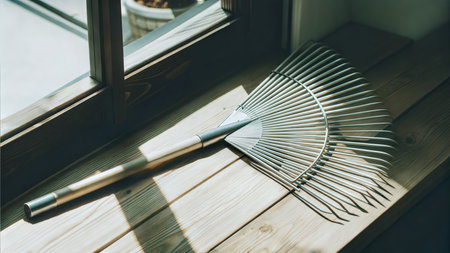 A metal leaf rake with a wooden handle rests on a sunlit wooden windowsill.の写真素材