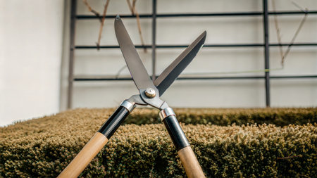 Close-up of sharp gardening shears on a green bush, ready for trimming.  Wooden handles and metal blades.の写真素材