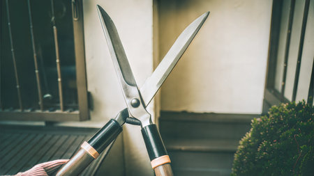 A detailed image of sharp gardening shears with wooden handles against a blurred background.