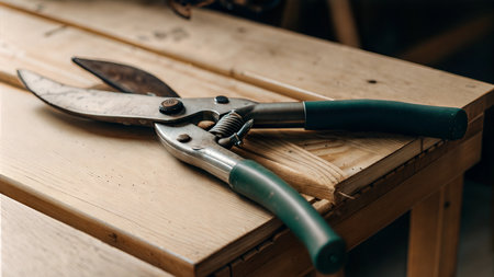 Vintage garden shears with green handles rest on a light brown wooden surface. Shows signs of age and use.の写真素材