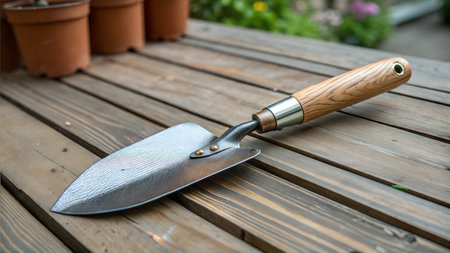 Close-up of a small garden trowel with a wooden handle resting on a rustic wooden table.の写真素材