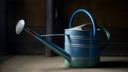 Close-up of a vintage blue metal watering can on a wooden surface. The can shows signs of age and wear.の写真素材