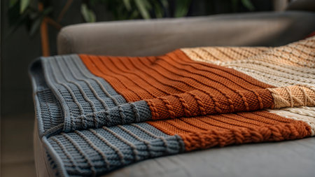 Close-up of a cozy knitted throw blanket in earthy tones, draped on a gray sofa.の写真素材