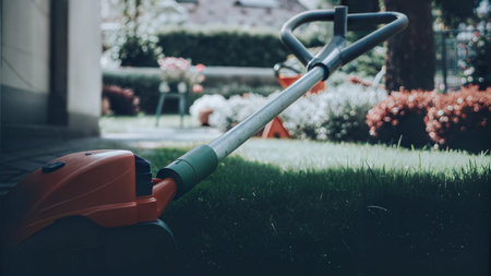 Close-up of a string trimmer on lush green grass in a garden setting.の写真素材