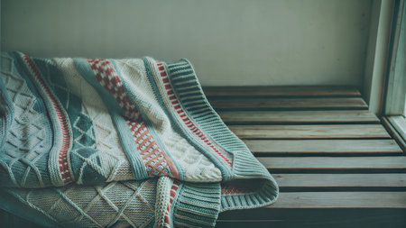 A cozy knitted blanket with a pattern rests on a rustic wooden bench near a window.の写真素材