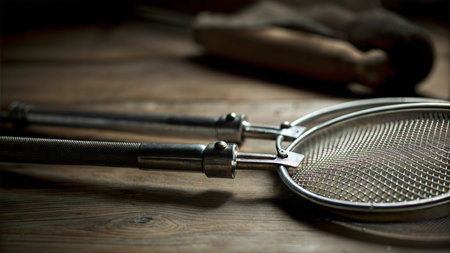 Close-up of an antique metal sieve with handles resting on a rustic wooden surface.の写真素材