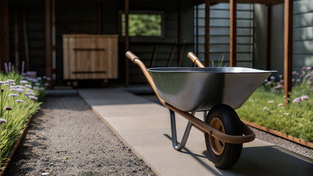 A metal wheelbarrow with wooden handles sits on a concrete path in a garden shed.の写真素材