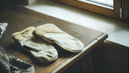 A pair of cozy light beige mittens with fur trim rests on a rustic wooden table near a window.の写真素材