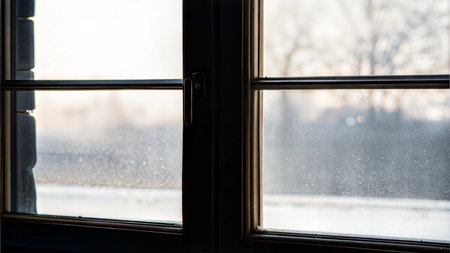 A windowpane shows a blurry winter scene outside with snow and trees. The glass is slightly dirty.の写真素材