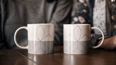 Close-up of two elegant coffee mugs with geometric pattern on a wooden table. Blurred background.