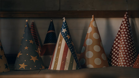 A collection of colorful party hats with different patterns sits on a wooden shelf against a dark background.の写真素材