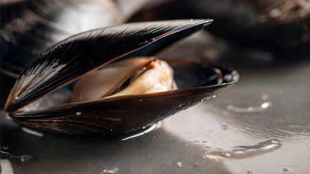 A detailed close-up shot of a single mussel shell, slightly open, revealing the inside. Water droplets are visible on the surface.の写真素材
