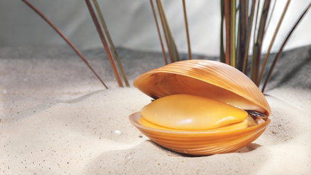 A vibrant yellow clam lies open on a bed of white sand, with dried plant stems in the background.