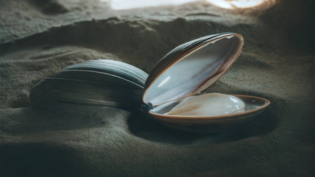 Close-up of a clamshell on a sandy beach. The inside of the shell is visible, showcasing a pearl-like object.の写真素材