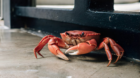 Close-up of a vibrant red crab on a weathered concrete surface. The crab is positioned near a dark...