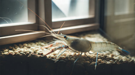 A detailed view of a freshwater prawn on gravel, near a window. The prawn's intricate details are visible.の写真素材