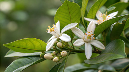 Close-up of white orange tree blossoms with green leaves.  Fresh and vibrant, showing delicate...