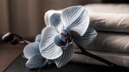 Close-up of a light blue orchid resting on a stack of white fabric.  Soft, natural light.の写真素材