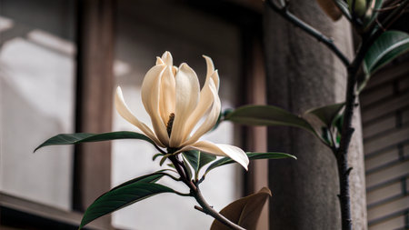 Close-up of a creamy white magnolia flower in full bloom against a blurred background.の写真素材