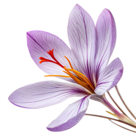 A detailed close-up shot of a single, vibrant saffron flower against a black background, showcasing its intricate details and vivid colors. Ai generatedの素材