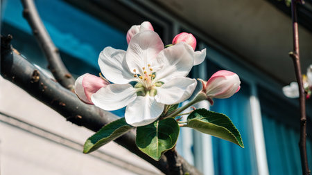 A single apple blossom in full bloom, with other buds nearby, against a blurred teal background. Ai generatedの写真素材