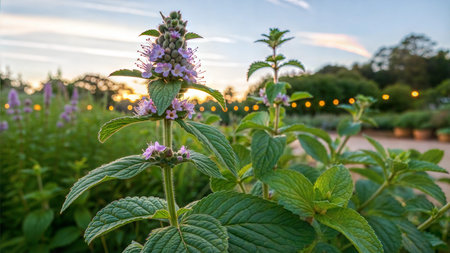 Close-up of mint plant with purple flowers at sunset.  Soft light and blurred background.