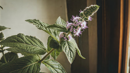 A close-up shot of a mint plant in bloom, sitting on a windowsill. The image has a soft, natural light.の写真素材