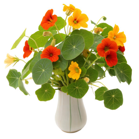 A bouquet of orange and yellow nasturtium flowers in a white vase, with lush green leaves.の写真素材