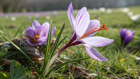A vibrant purple crocus flower blooms in a field, other flowers and grass blurred in background.の写真素材