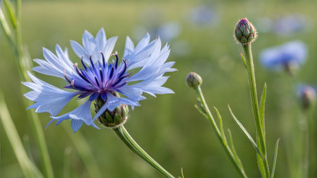 A single cornflower in full bloom, with buds, in a field. Soft focus background.の写真素材
