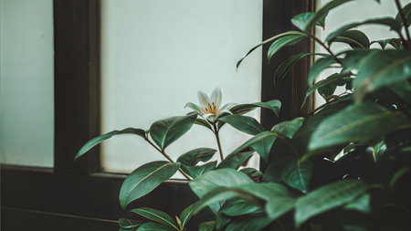 Close-up of a single white flower blooming among lush green leaves, set against a blurred background of a window.の写真素材