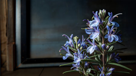 Close-up of rosemary flowers with a dark background. The image has a moody and dramatic feel, showcasing the delicate beauty of the flowers.の写真素材