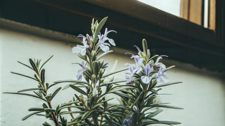 Close-up of rosemary plant with delicate purple flowers against a bright background.の写真素材