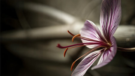A detailed close-up shot of a flower with prominent purple stripes on its petals. The background is...